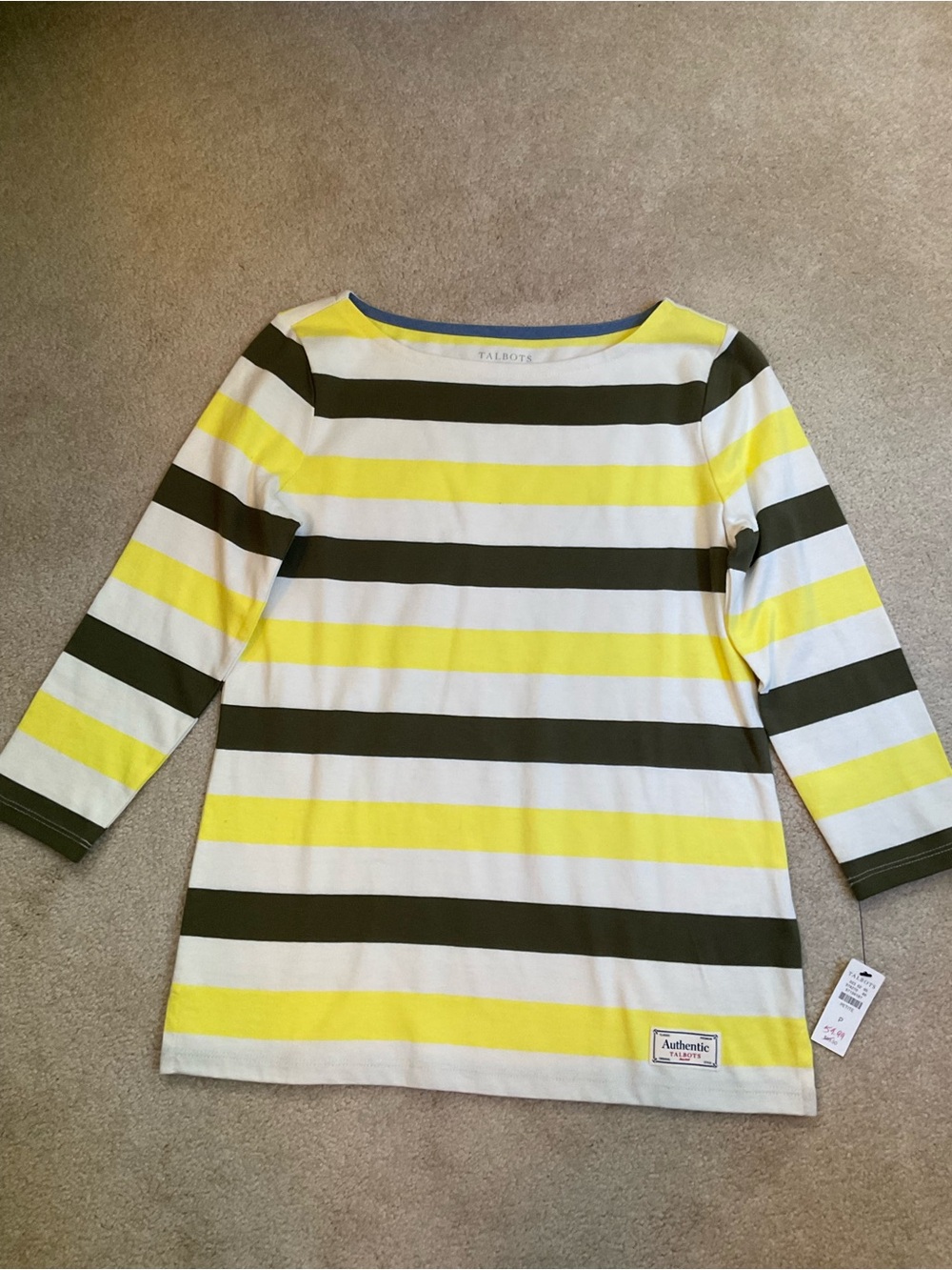 Talbots Petite Striped Boatneck Top in Yellow, Olive & White 16” by 24”